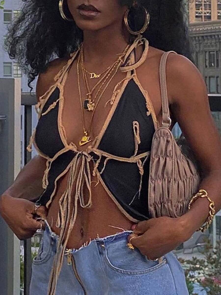 

Lovely Street Patchwork Bandage Design Black Camisole