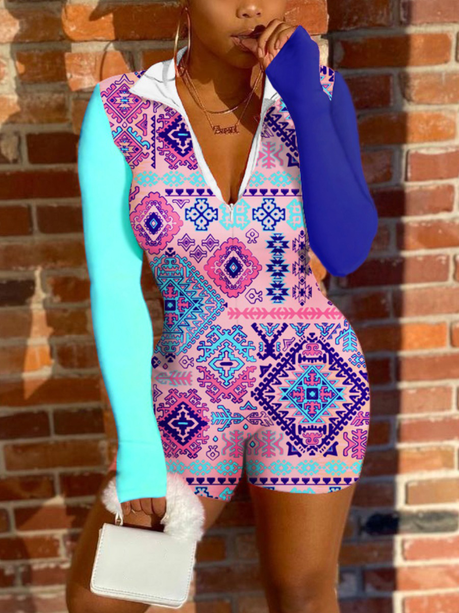 LW Sweet Geometric Print Patchwork Rose One-piece Romper(No-positioning Printing)