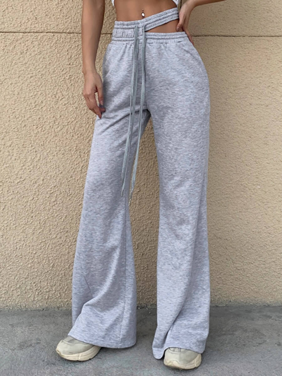 

Lovely Casual Mid Waist Bandage Hollow-out Design Grey Pants