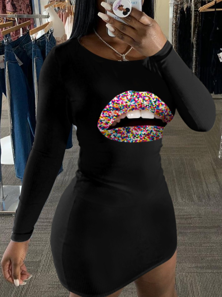 

Lovely Casual O Neck Lip Print Black Mini Dress