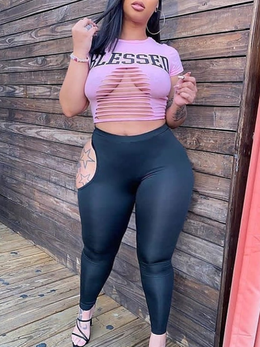 

Lovely Plus Size Chic Star Letter Print Ripped Pink Two-piece Pants Set