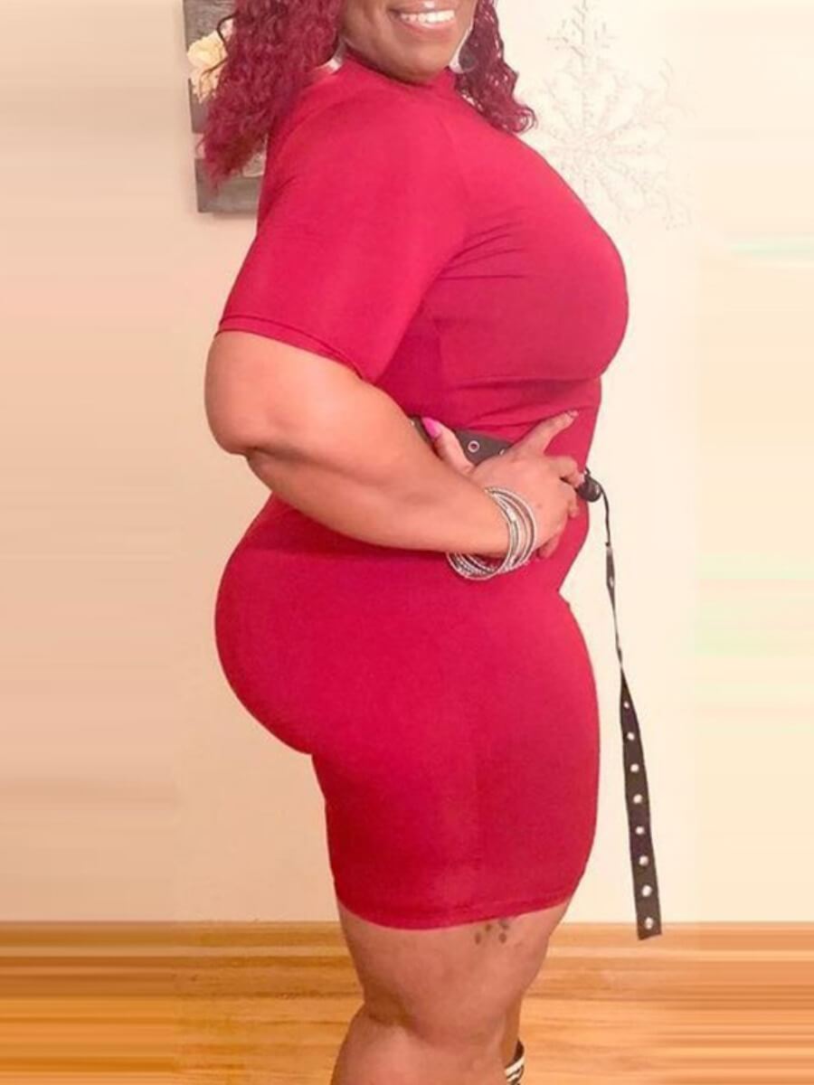 

LW Plus Size Casual O Neck Basic Skinny Rose Red Two-piece Shorts Set