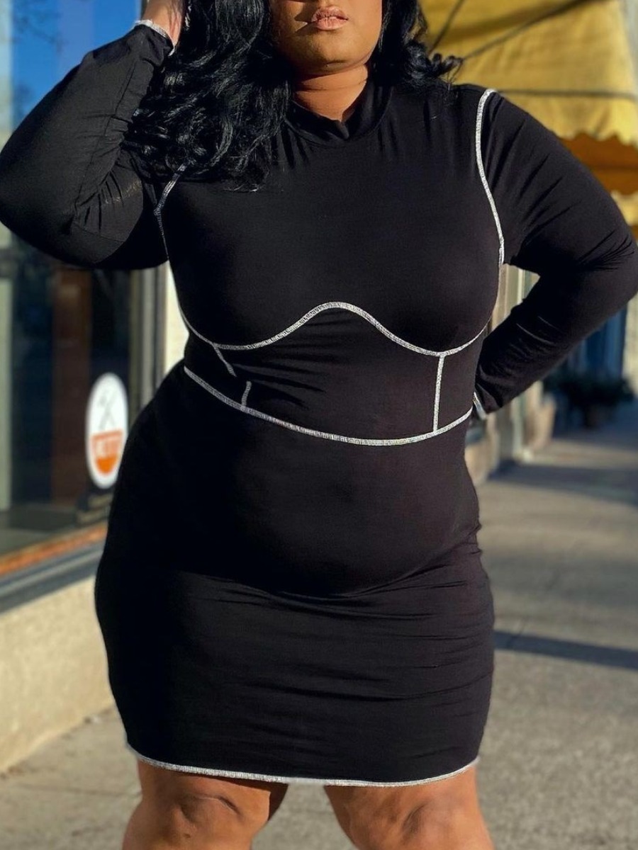 

LW Plus Size CasualO Neck Striped Black Knee Length Dress