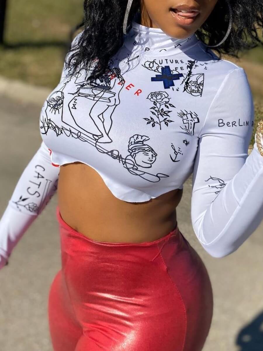 

Lovely Casual Turtleneck Graffiti Print Asymmetrical White T-shirt