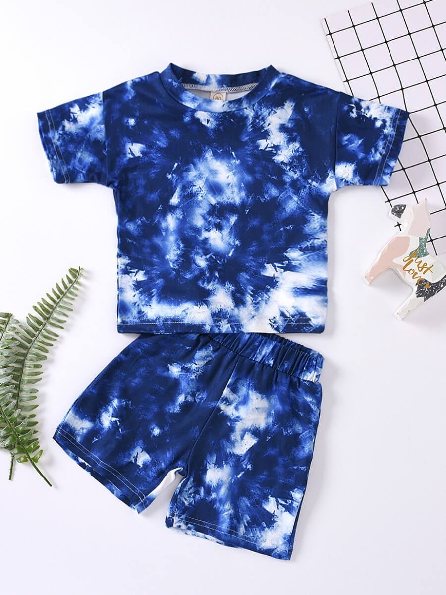 

Lovely Casual O Neck Tie Dye Deep Blue Boy Two Piece Shorts Set
