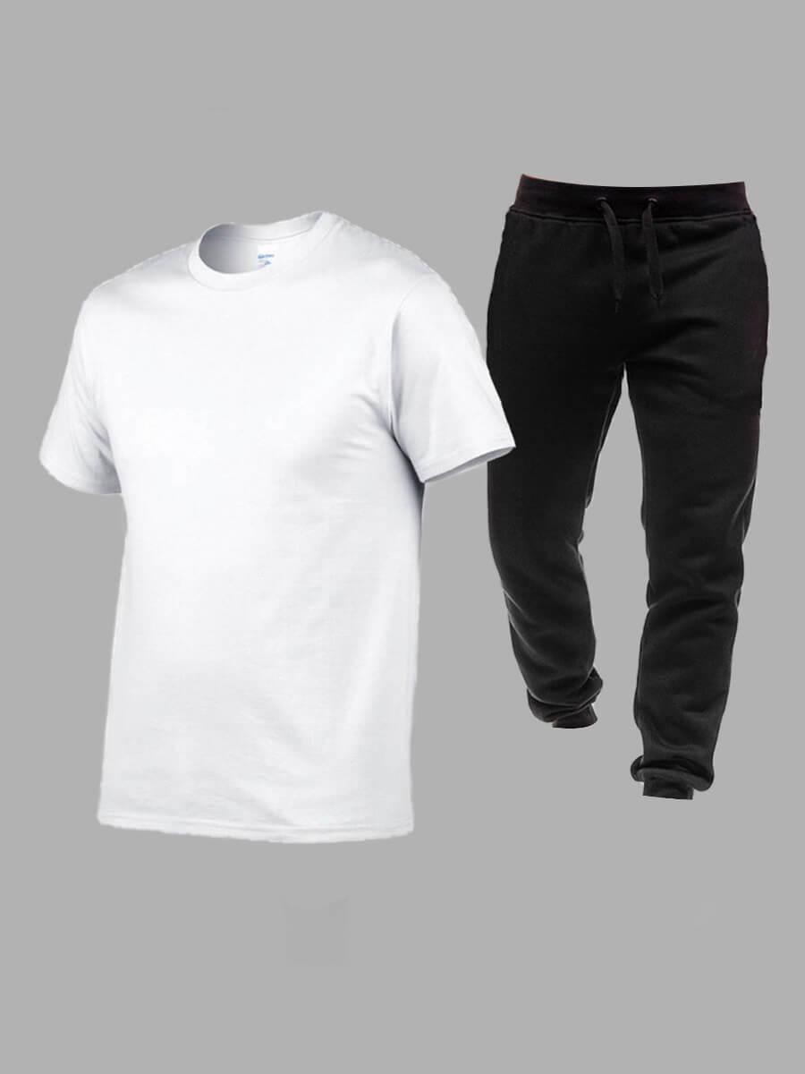 

Lovely Men Casual O Neck Drawstring White Two Piece Pants Set