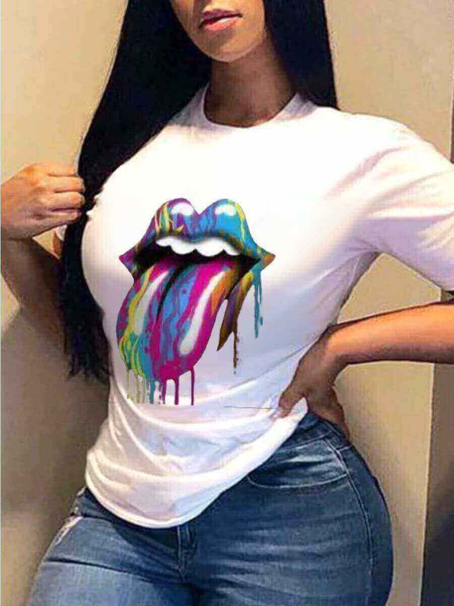 

Lovely Casual O Neck Lip Print White T-shirt