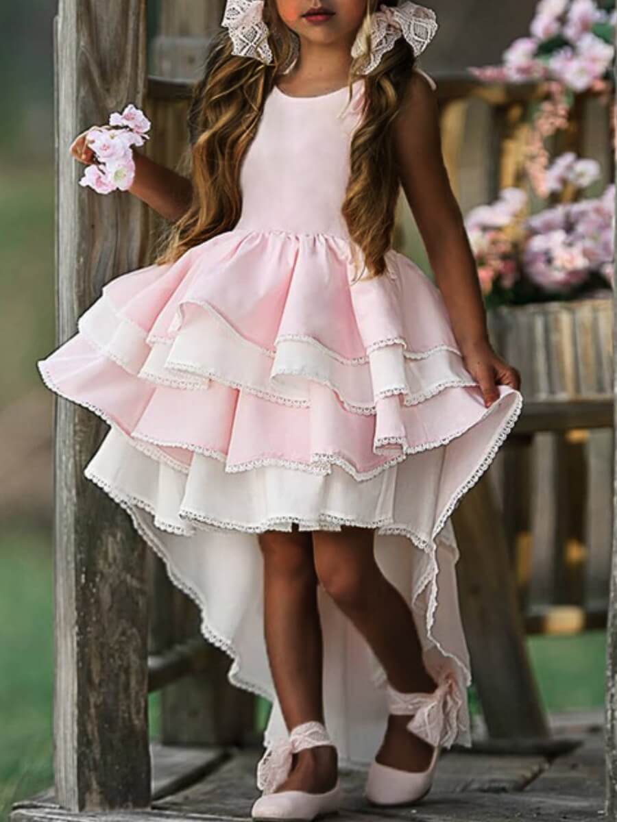 

Lovely Sweet Flounce Design Layered Cascading Asymmetrical Pink Ankle Length Dress