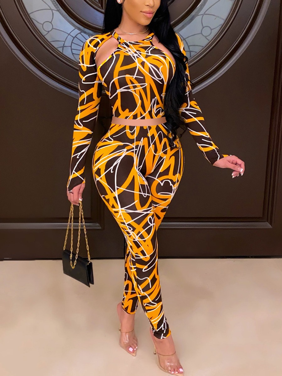 

Lovely Sexy Print Patchwork Yellow Two Piece Pants Set