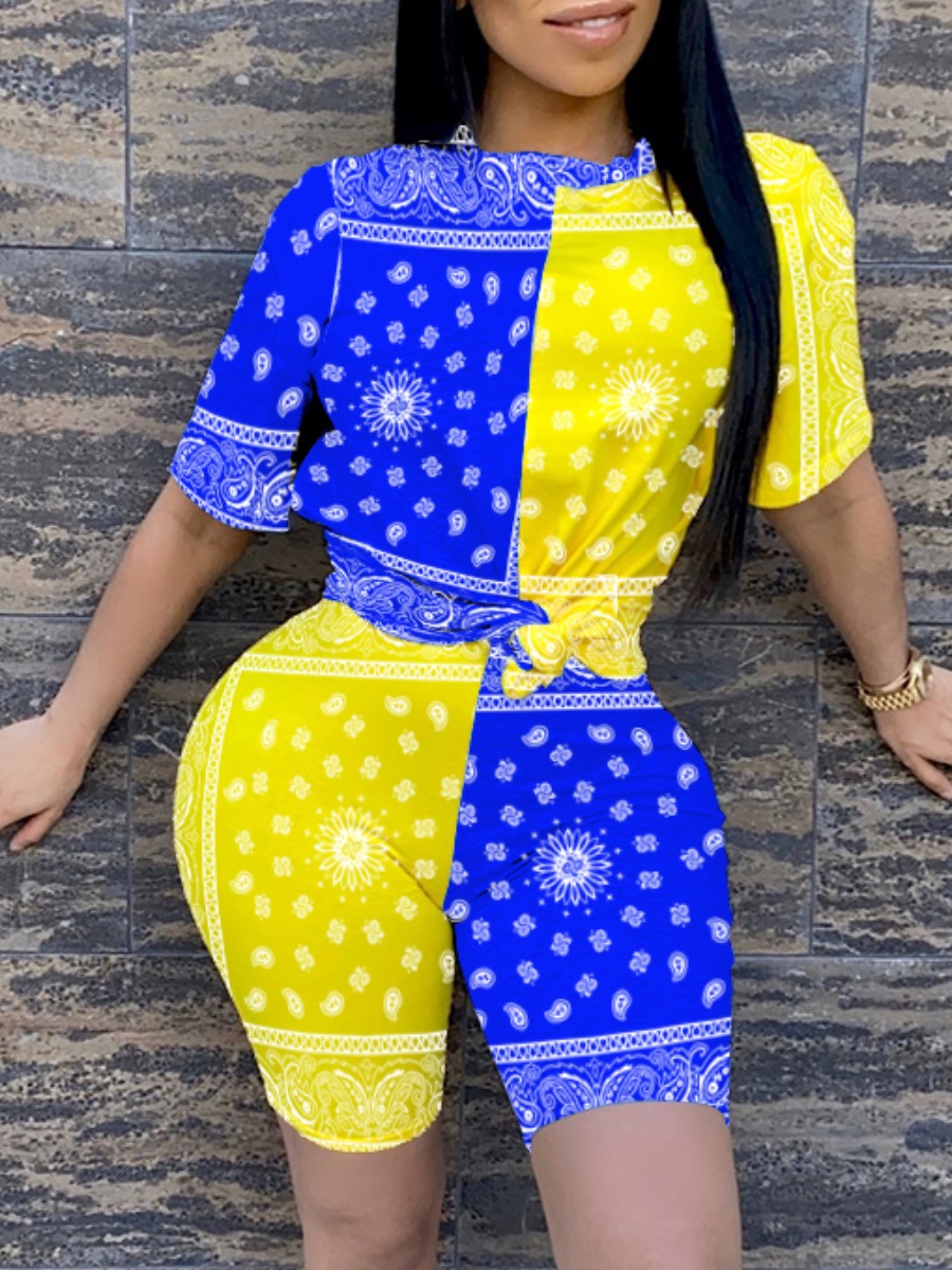 

Lovely Sweet Geometric Print Patchwork Blue Two Piece Shorts Set