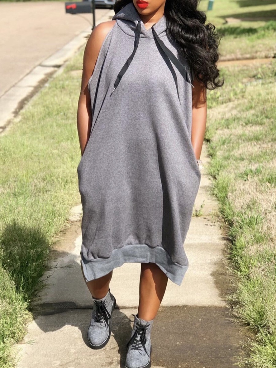

Lovely Casual Hooded Collar Sleeveless Grey Mid Calf Dress