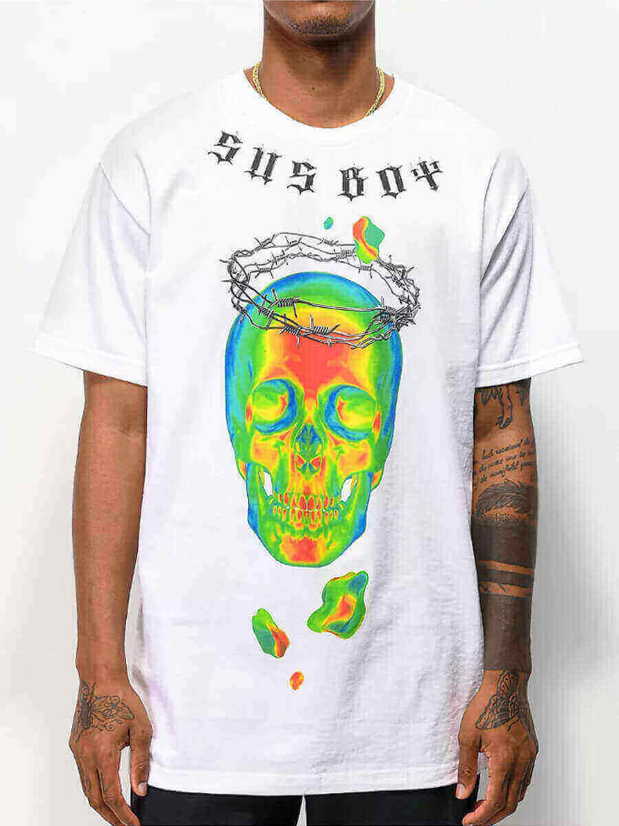 

LW Men Casual O Neck Skeleton Print White T-shirt