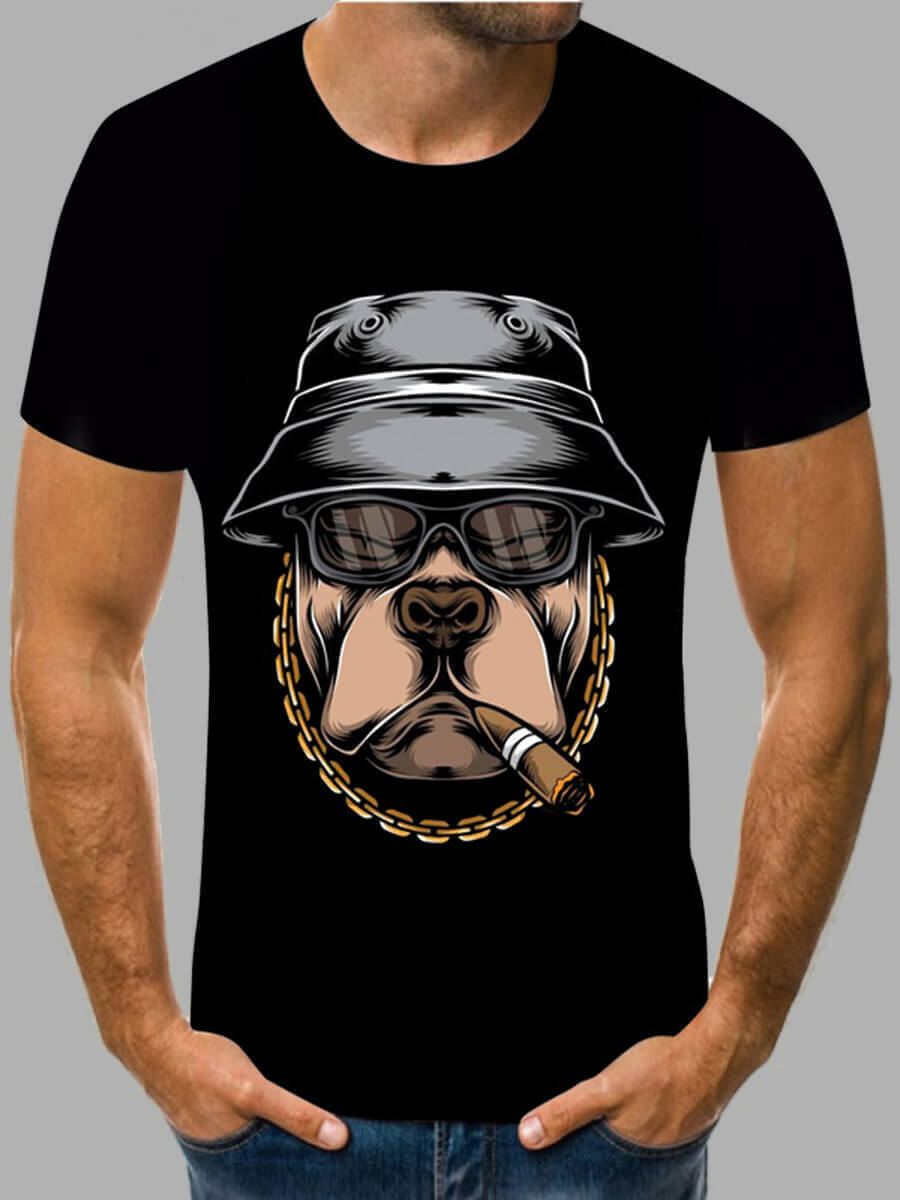 

LW BASICS Men Casual O Neck Cartoon Print Black T-shirt