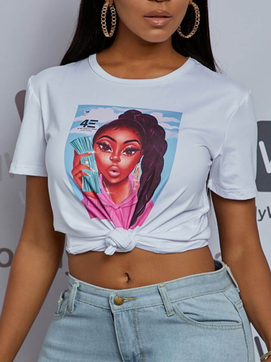 

Lovely Casual O Neck Portrait Print Blue T-shirt