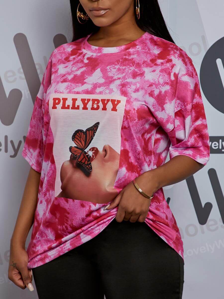 

Lovely Casual Tie-dye Butterfly Letter Print Pink T-shirt