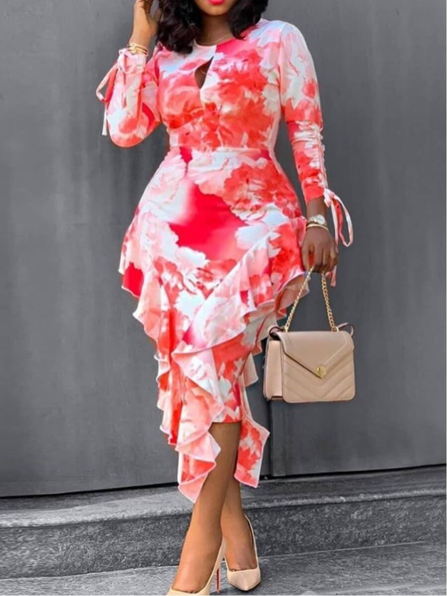 

Lovely Stylish Print Flounce Design Asymmetrical Red Mid Calf Plus Size Dress