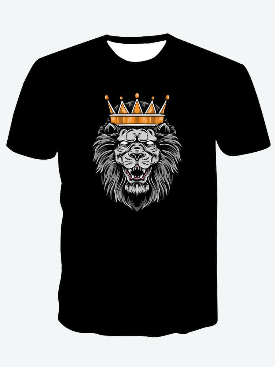 

LW BASICS Men Casual O Neck Lion Print Black T-shirt