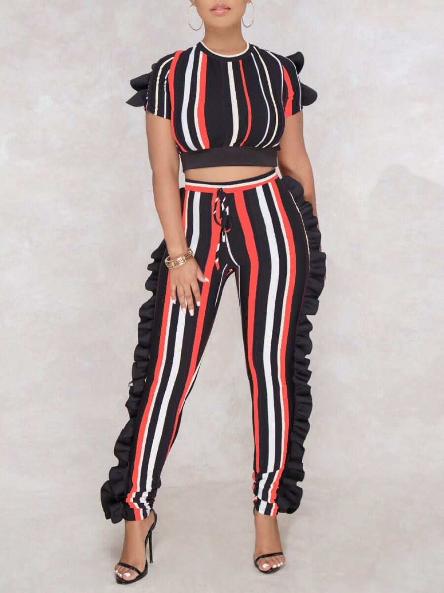 

Lovely Work Flounce Design Striped Red Two Piece Pants Set