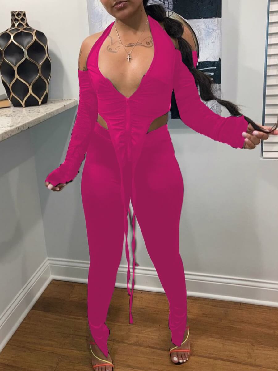 

Lovely Sexy Deep V Neck Hollow-out Asymmetrical Rose Red Two Piece Pants Set