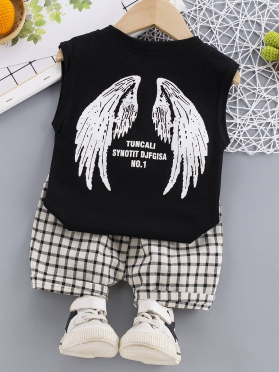 

Lovely Street Plaid Letter Print Black Boy Two Piece Shorts Set