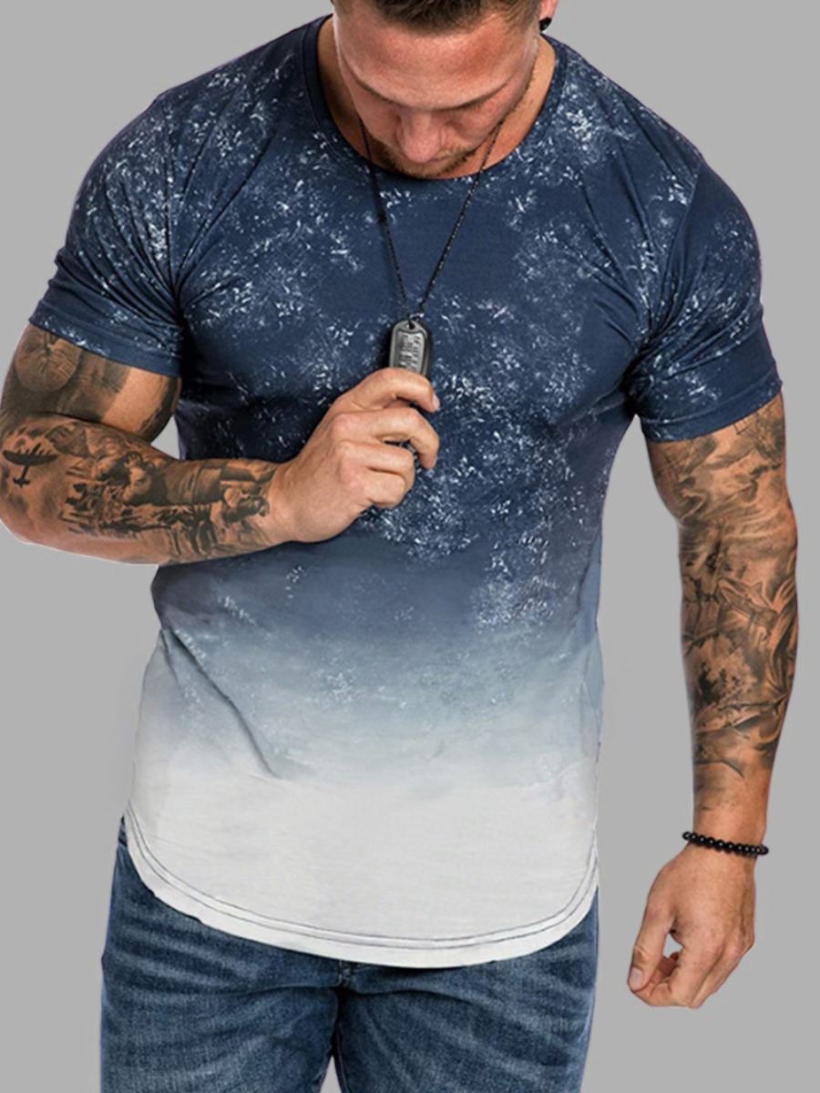 

Lovely Men Casual O Neck Gradient Blue T-shirt