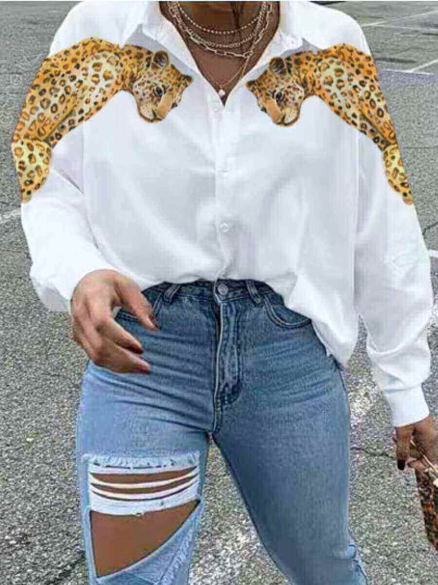 

Lovely Casual Turndown Collar Animal Print White Blouse