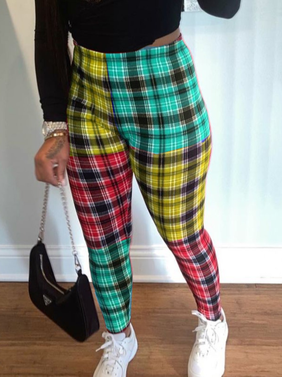 

LW Casual Plaid Print Patchwork Multicolor Pants, Multicolor lattices