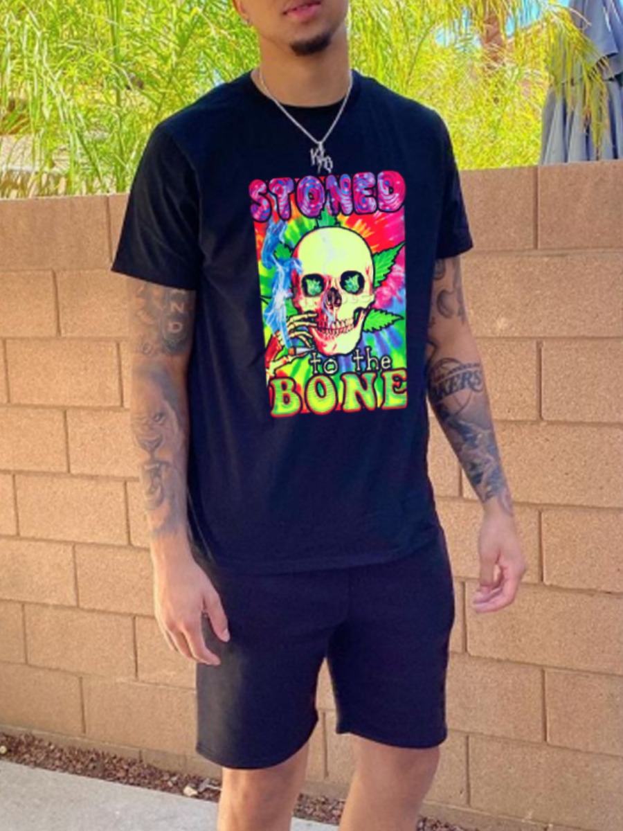 

Lovely Casual Skeleton Print Black Men Two Piece Shorts Set