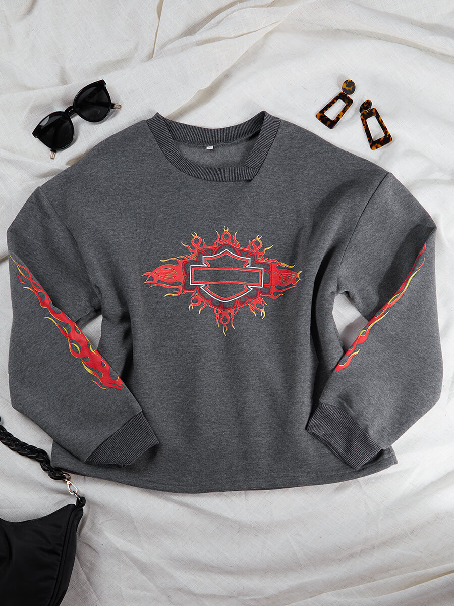 

Lovely Casual O Neck Letter Graffiti Print Grey Black Hoodie