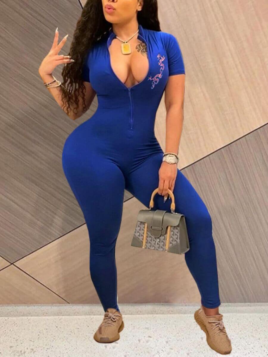 

Lovely Casual Print Zipper Design Blue One-piece Jumpsuit