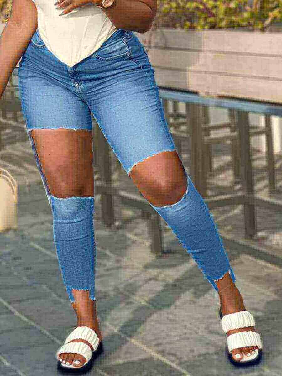 

Lovely Street High-waisted Broken Holes Blue Jeans