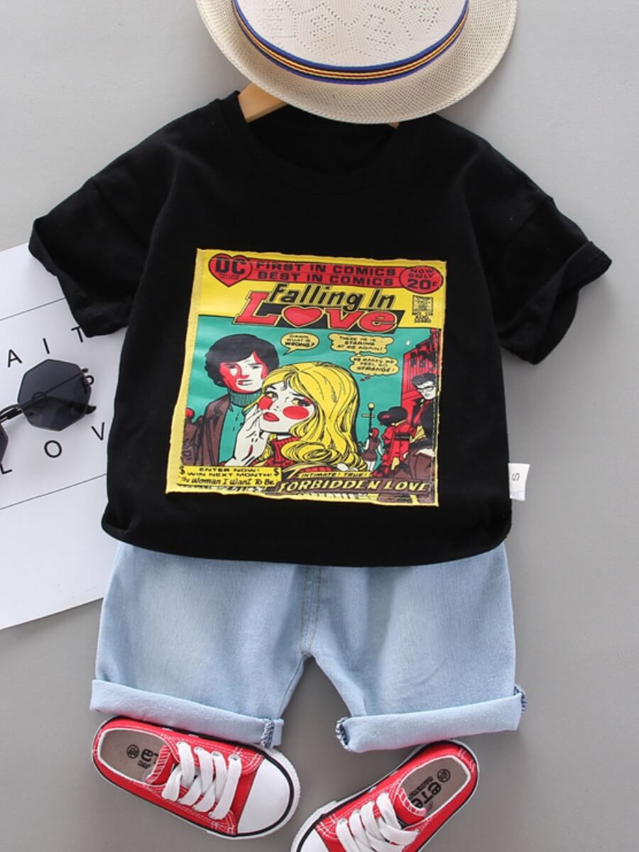 

Lovely Casual O Neck Cartoon Print Black Boy Two Piece Shorts Set