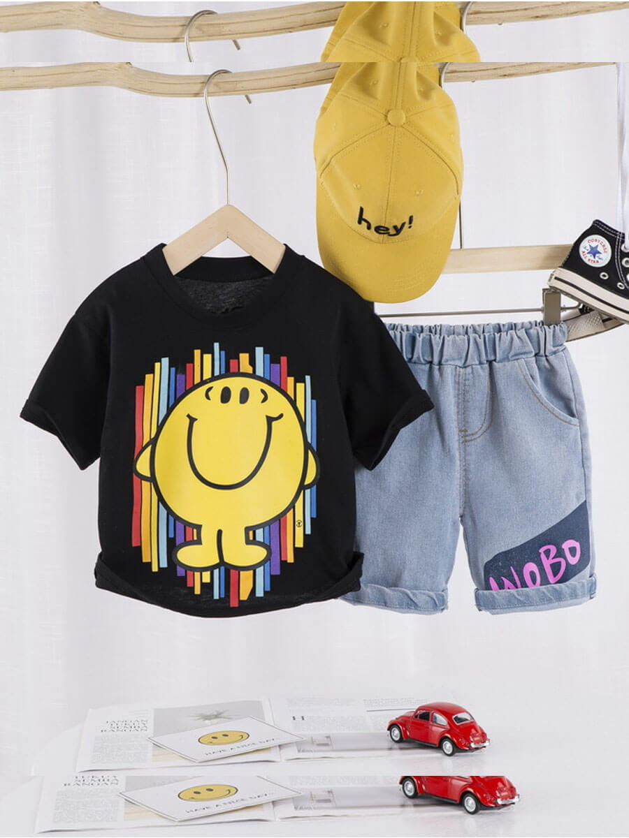 

Lovely Casual Smiley Face Letter Print Black Boy Two Piece Shorts Set