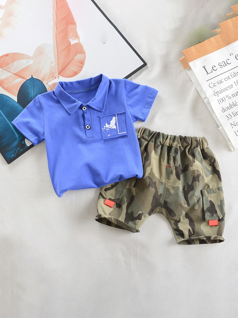

Lovely Casual Camo Print Button Design Blue Boy Two Piece Shorts Set