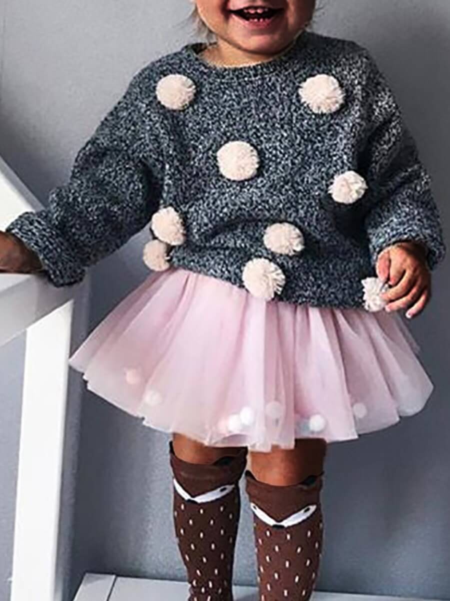 

Lovely Sweet O Neck Ball-shaped Decoration Mesh Black Girl Two Piece Skirt Set