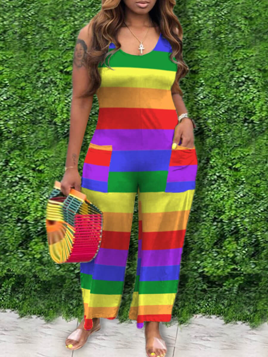 

LW Plus Size Casual U Neck Rainbow Stripe Multicolor One-piece Jumpsuit, Multicolor stripe
