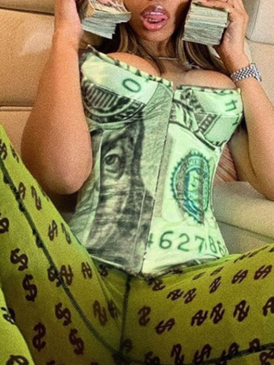 

Lovely Street Off The Shoulder Letter Print Patchwork Blue Camisole, Green