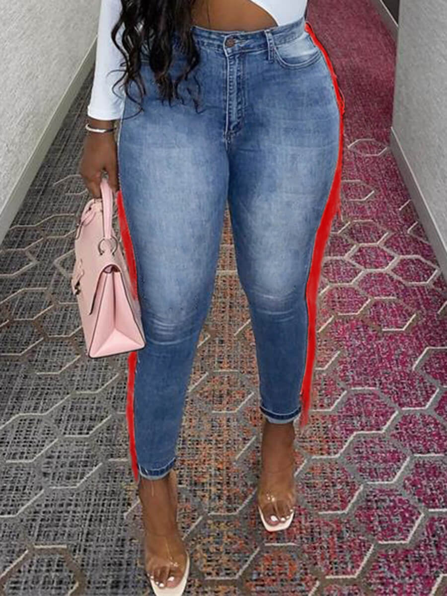 

Lovely Stylish High-waisted Tassel Design Patchwork Blue Jeans