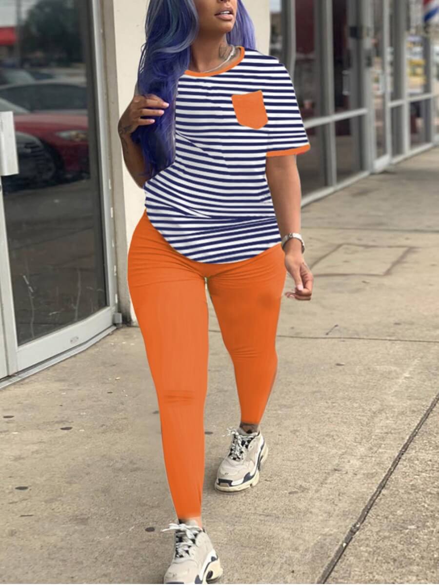 

Lovely Casual Striped Patchwork Orange Plus Size Two-piece Pants Set