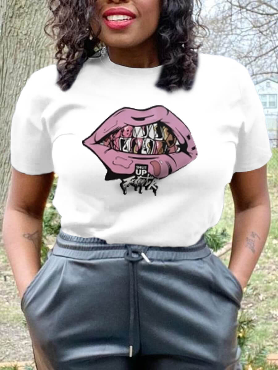 

Lovely Casual O Neck Lip Print White T-shirt