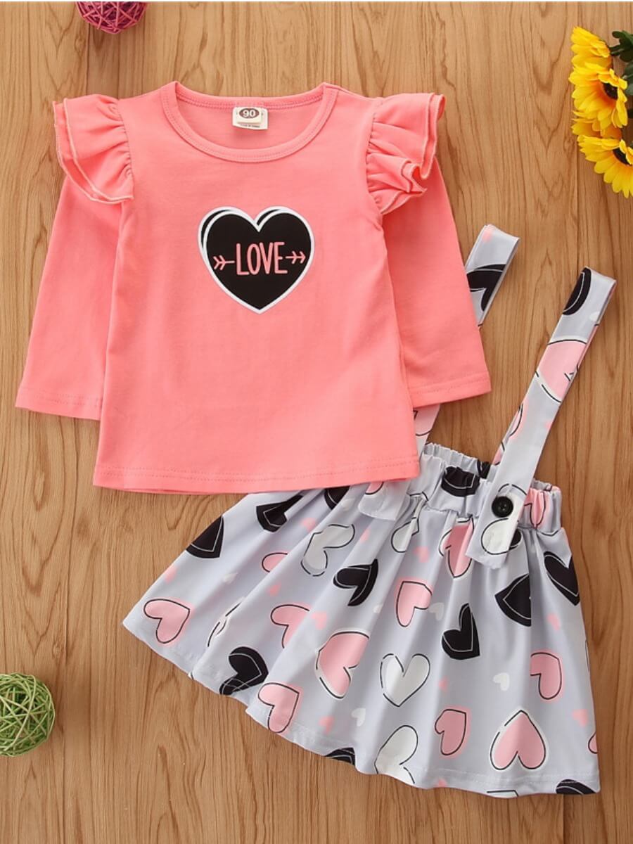 

Lovely Sweet Flounce Design Heart-shaped Print Pink Girl Two Piece Skirt Set