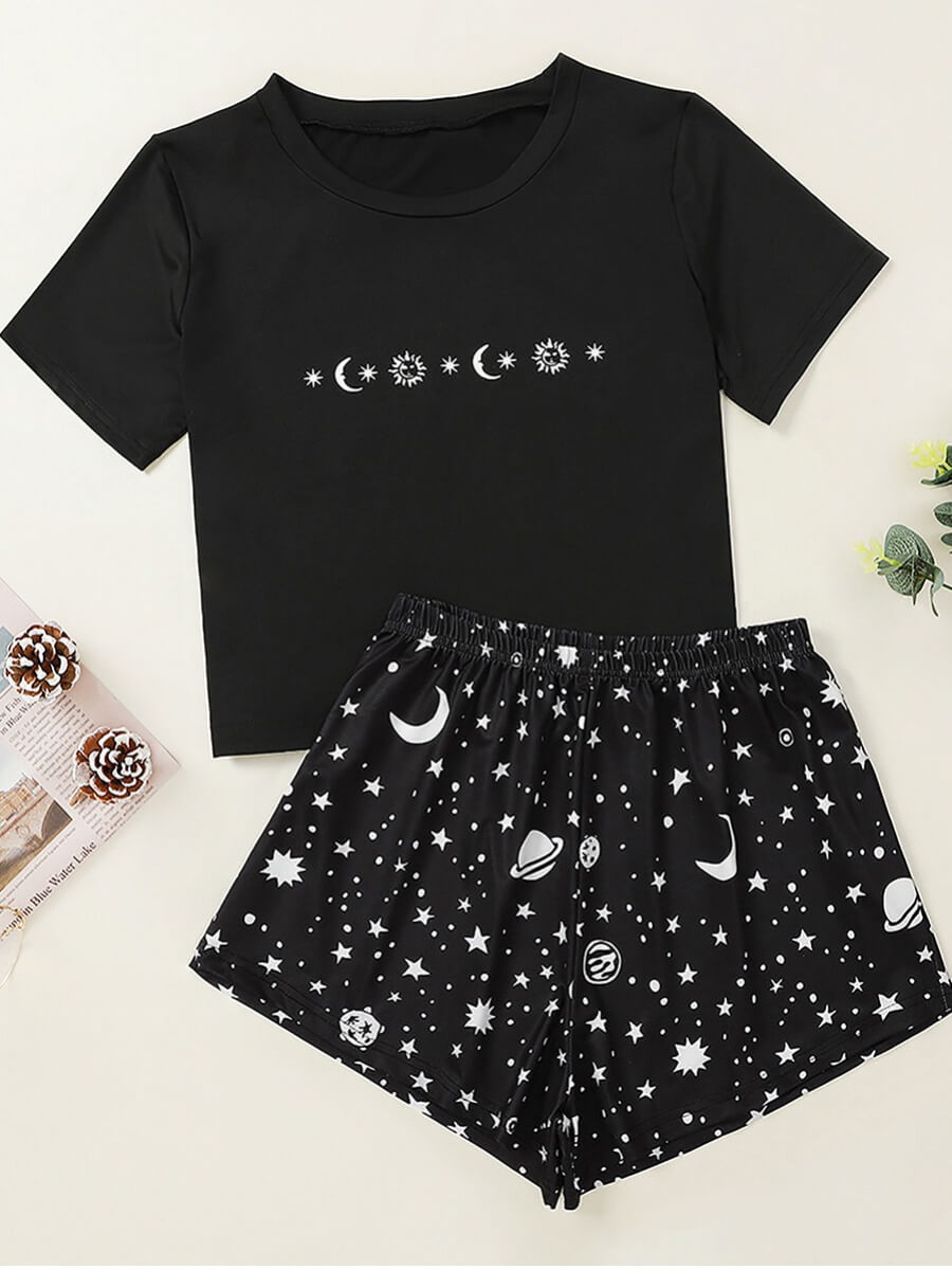 

Lovely Casual O Neck Star Moon Print Black Sleepwear