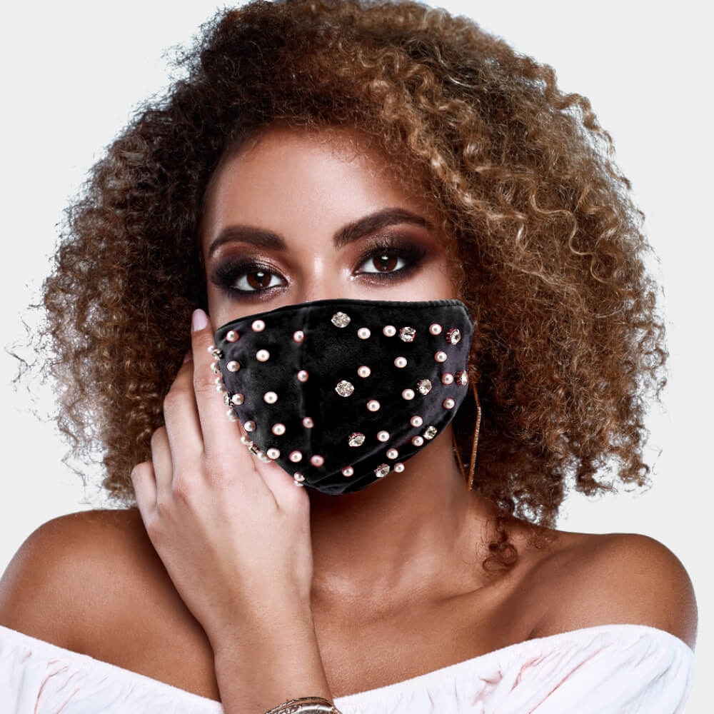 

Lovely Chic Pearl Decoration Black Face Mask