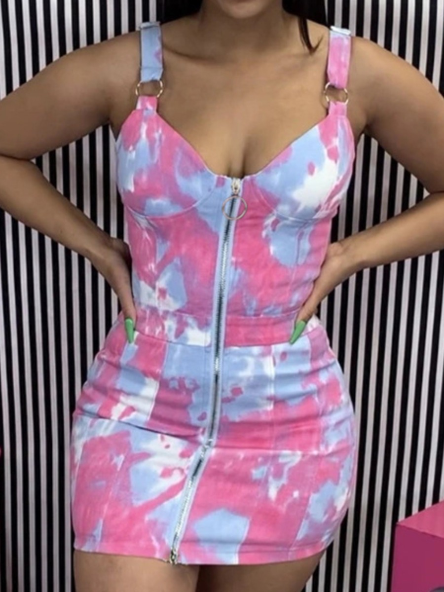

Lovely Casual Tie-dye Metal Ring Decoration Pink Mini Denim Dress