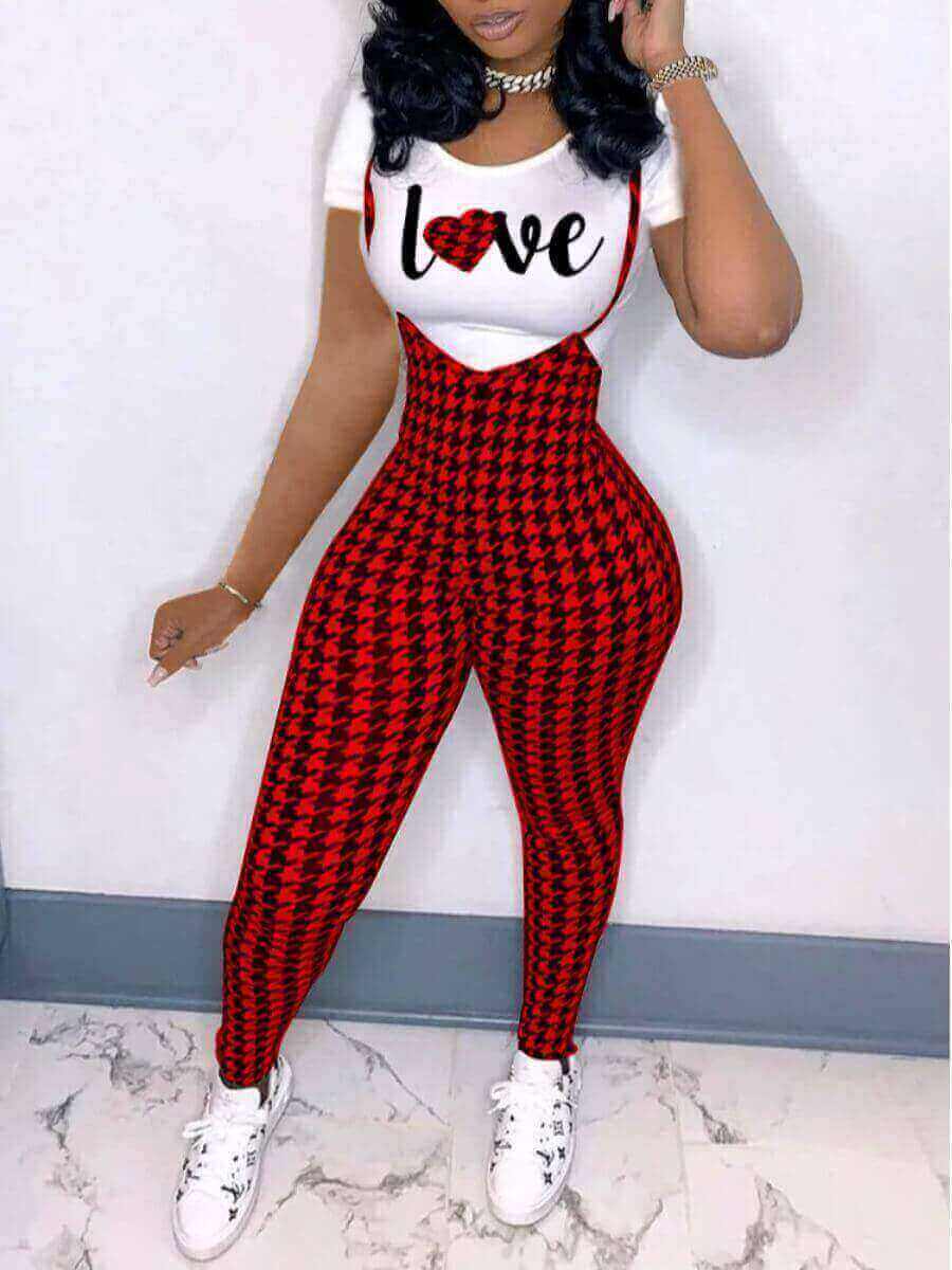 

LW O Neck Plaid Letter Print Overall Pant Set, Bright red