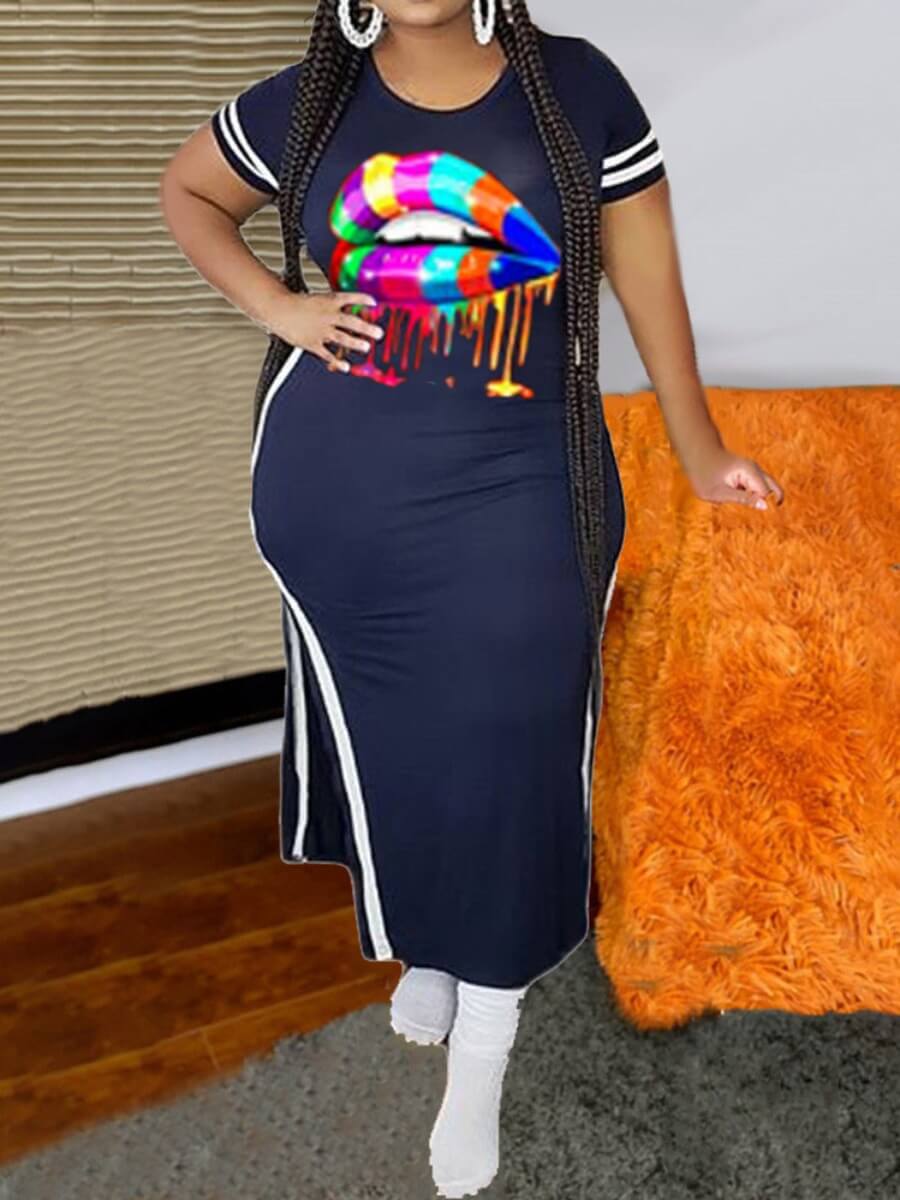 

Lovely Casual Lip Print Split Patchwork Dark Blue Mid Calf Plus Size Dress