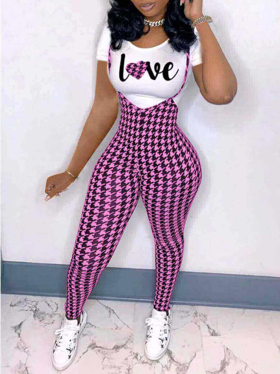 Lovely Casual O Neck Plaid Letter Print Pink Two Piece Pant Set