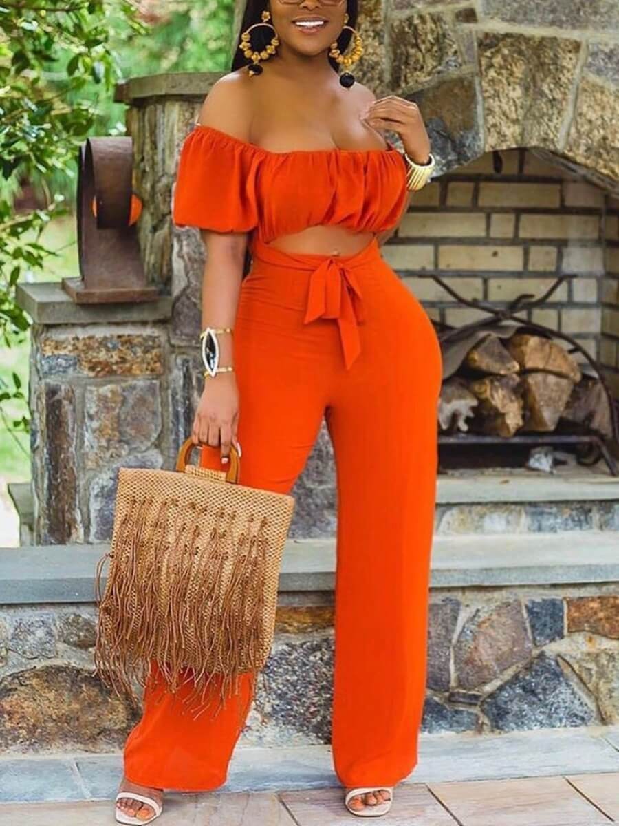 

Lovely Casual Off The Shoulder Tie Belt Orange One-piece Jumpsuit