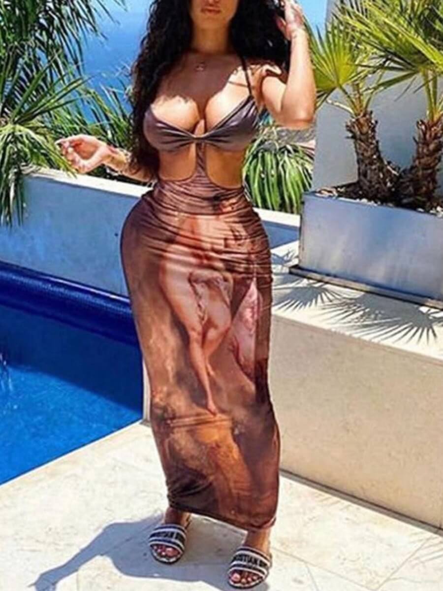 

Lovely Casual Backless Graffiti Print Brown Floor Length Dress
