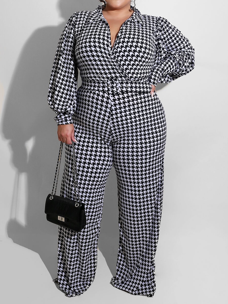 

Lovely Work Turndown Collar Plaid Print Black Plus Size One-piece Jumpsuit